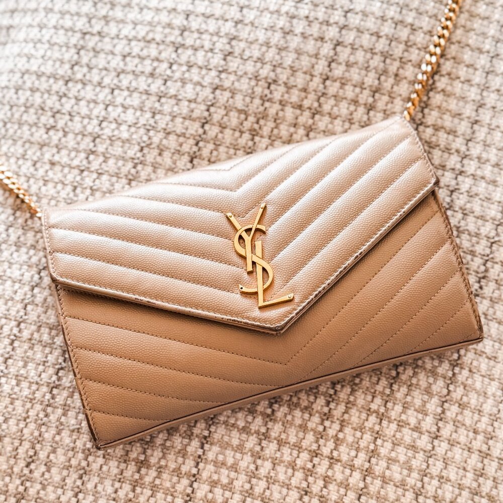 "Dark Beige" Saint Laurent Large Monogram Quilted Leather Wallet on a Gold Chain